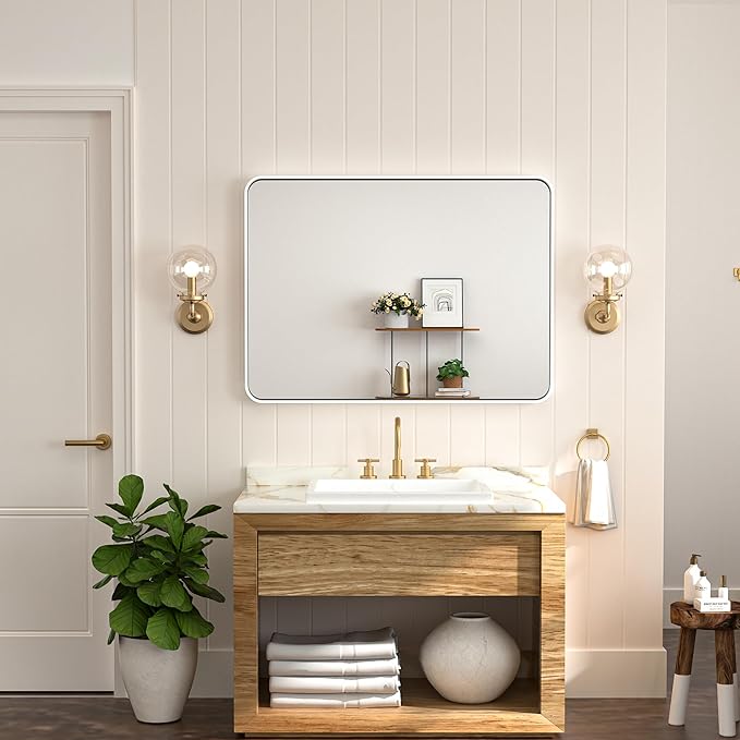 Keonjinn White Bathroom Vanity Mirror - 24 x 36 Inch Rectangular Wall Mirror, Farmhouse Style with Seamless Metal Frame, HD Tempered Glass