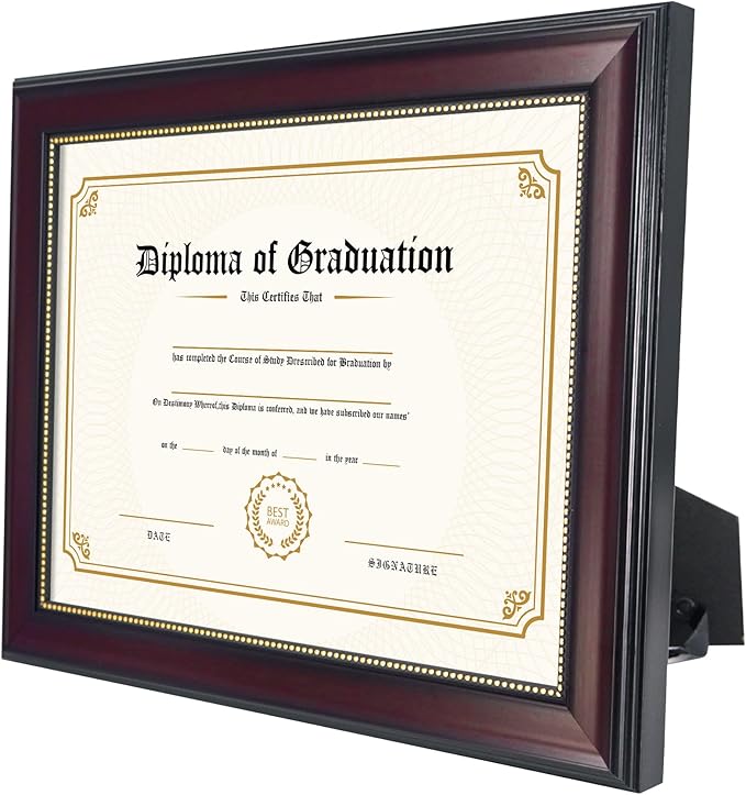 GraduatePro 8.5x11 Diploma Frame, Picture Frame for Wall and Tabletop Display with UV Protection Acrylic, Professional Wooden Look, Mahogany with Gold Beaded