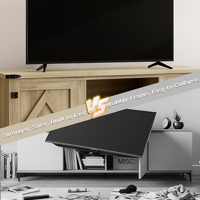 Modern Farmhouse TV Stand for Televisions up to 65’’, Entertainment Center with Storage Cabinets and Sliding Barn Doors, Media TV Consoles for Living Room, Bedroom, Gray Oak