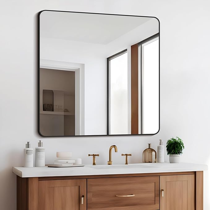 Bathroom Mirror, 36"x36" Black Square Wall Mirror, Metal Frame Rounded Corner Vanity Mirror, Large Wall Mounted Mirror for Modern Bedroom Living Room Horizontal Or Vertical Mounting