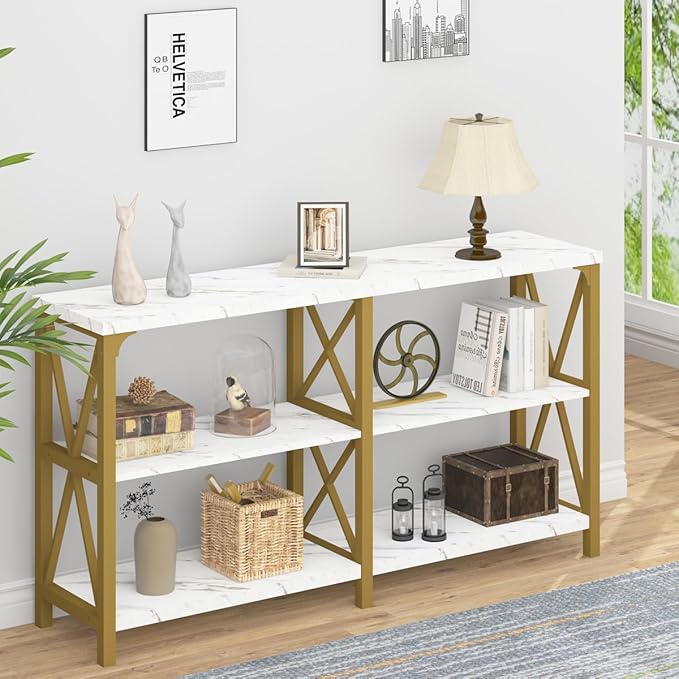 IBF Modern 3 Tier Entryway Table, Industrial Metal Wood TV Console Table with Storage Shelves, Farmhouse White Faux Marble and Gold Sofa Accent Table for Hallway Entry Way Foyer Living Room, 55 Inch