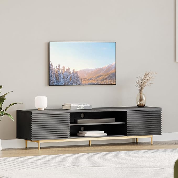 BELLEZE 68" Fluted TV Stand for TV up to 75", Modern Entertainment Center with Storage Cabinet, Slatted Door Decorated Media Console Table, Home Living Room Bedroom Furniture(Ebony)