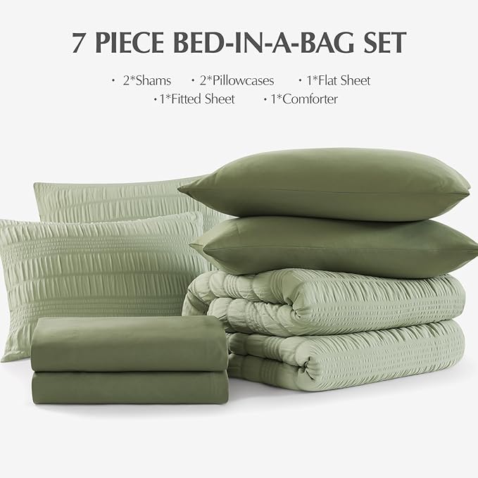 CASAAGUSTO Full Size Comforter Set, 7 Pieces Sage Green Seersucker Bed in a Bag Full Size Soft All Seasons, Bedding Sets Full with Comforter, Flat Sheet, Fitted Sheet, 2 Pillow Shams, 2 Pillowcases