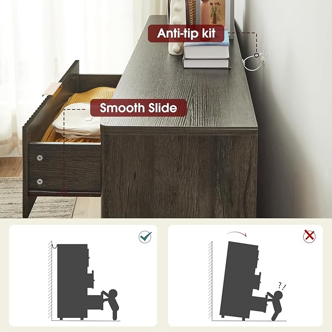 55" Wide Fluted 6 Drawer Dresser, Mid Century Modern Curved Dresser, Light Wood Chest of Drawers for Bedroom, Living Room and Entryway, Dark Grey