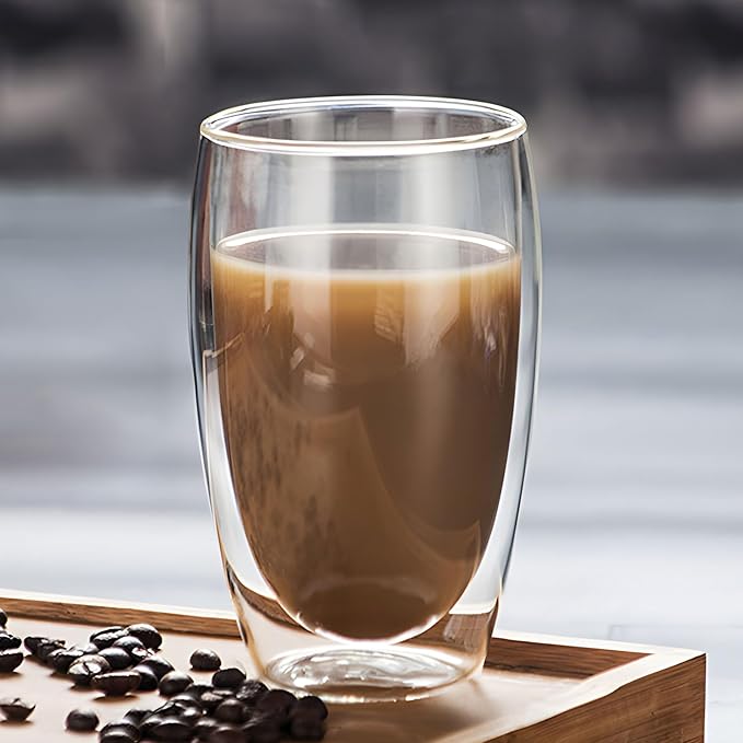 Double Wall Glass Coffee Mugs Set of 2, 15oz/440ml Insulated Glass Mugs for Hot Beverages, Large Clear Coffee Cups for Espresso, Tea, Latte, Cappuccino