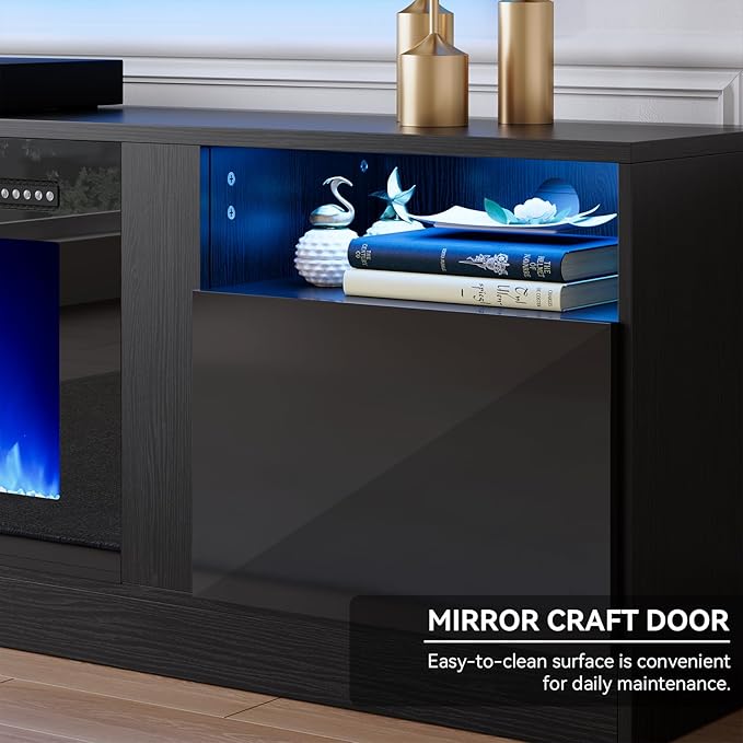 oneinmil 80” TV Stand with 36” Electric Fireplace, Large Modern Media Entertainment Center with Storage Cabinet and 12 Colors LED Lights for TVs Up to 90", Black TV Stand and Black Fireplace