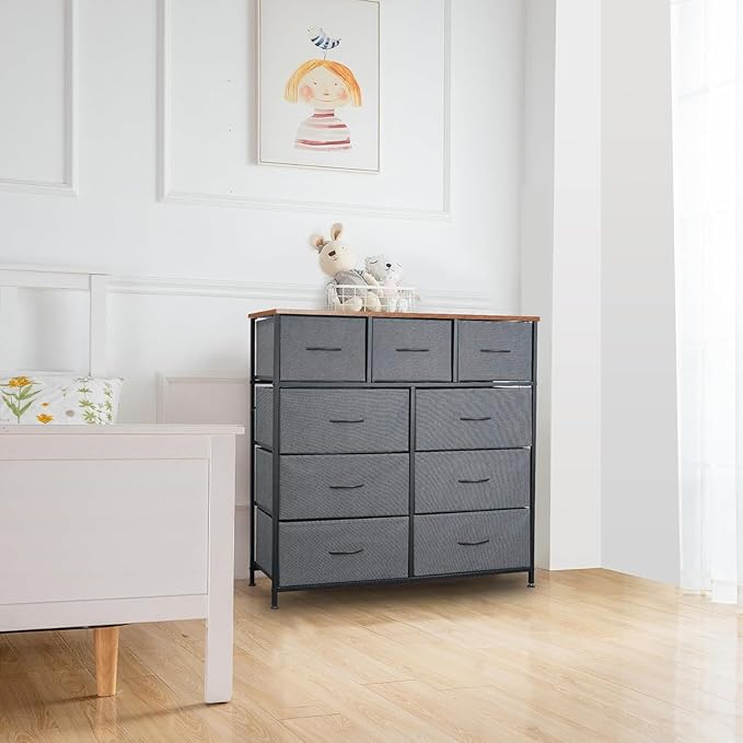 Dresser for Bedroom with 9 Drawers, Chest of Drawers, Storage Drawers Organizer Unit, Grey Wide Fabric Dresser with Fabric Bins for Closet, Living Room, Entryway (Grey and Rustic Brown)