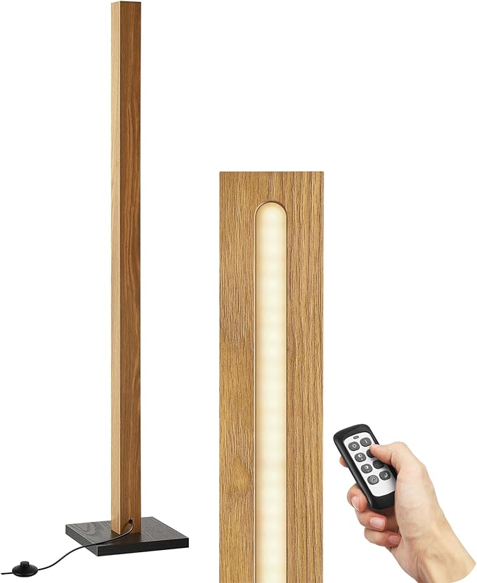 EDISHINE Wood LED Corner Floor Lamp, Modern Dimmable Light with Remote, Minimalist Standing Floor Lamps for Living Room, Bedroom, Office, 7 Color Temperature 2700~6000K, 48.43"