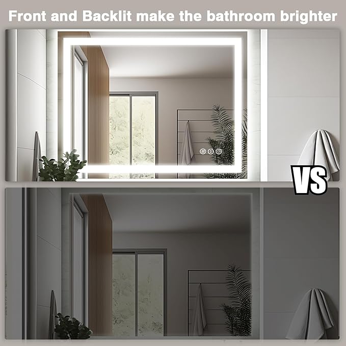 40"x32" LED Bathroom Mirror for Wall, Front and Backlit, Anti-Fog Vanity With Lights, Stepless Dimmable, 3 Colors Smart (Horizontal/Vertical)