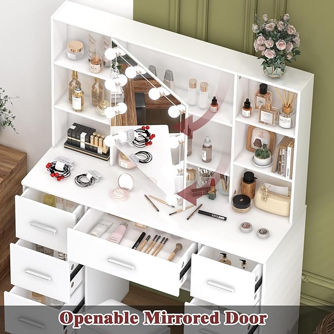 Makeup Vanity with Mirror and Lights, Vanity Desk with Chair and 7 Storage Drawers, White Vanity with Lights for Bedroom, Dressing Table Set for Women and Girls