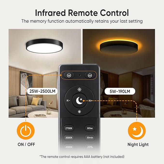 13 Inch Flush Mount Ceiling Light with Remote Control & Night Light, 5CCT Dimmable Ceiling Light Fixture, 25W 2500LM 2700K-6500K Adjustable LED Ceiling Lights for Bedroom Kitchen, Black