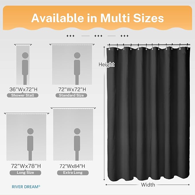 River Dream 3 in 1 Shower Curtain Set, Extra Long Waffle Fabric Shower Curtain and Waterproof Clear Liner Set with Double Sided Metal Hooks, Black, 72" W*84" H