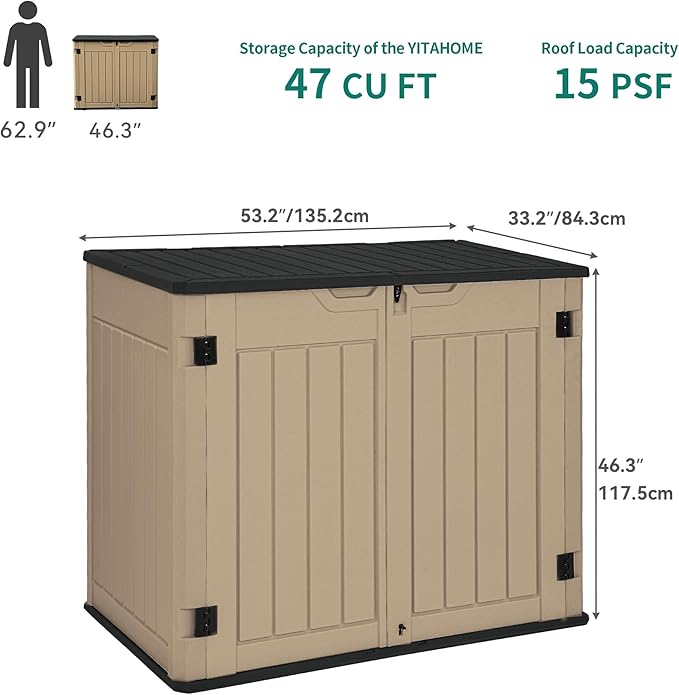 YITAHOME Extra Large Outdoor Horizontal Storage Shed, 4.5x4ft Resin Tool Sheds w/o Shelf, Easy to Assemble Waterproof Storage for Trash Cans, Garden Tools, Lawn Mower, Lockable, Brown