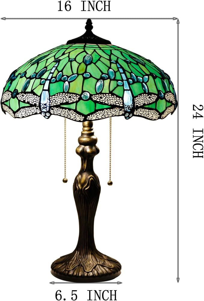 Tiffany Table Lamp Stained Glass Lamp 16X16X24 Inch Antique Reading Light (Green Dragonfly)
