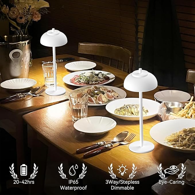 White Table Lamp Set of 2 Rechargeable,Table Lights Battery Operated-IP65 Waterproof-for Outdoor Patio/Restaurants/Home/Dinner/Table Lighting-Touch Control & Dimmable