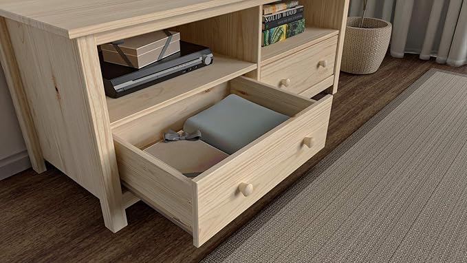 Handcrafted Solid Oak TV Stand Entertainment Center - Elegant Unfinished Media Console with Spacious Storage Drawers & Open Shelves - Sturdy Wood Cabinet Fits TVs up to 55 Inches