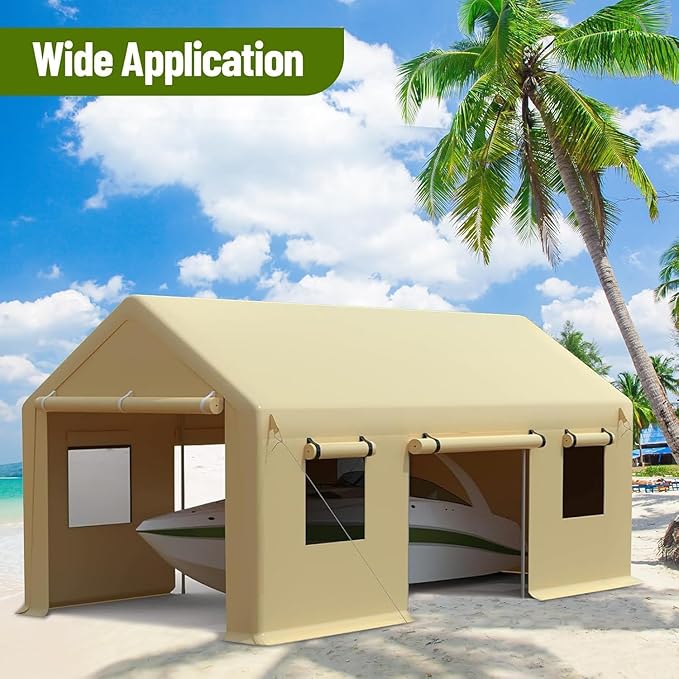 10x20 Ft. Metal Carport Garage with PE Fabric and Galvanized Steel Frame Outdoor Shelter for Cars, Trucks and Boats with 4 Doors and Mesh Windows for Ventilation - Yellow