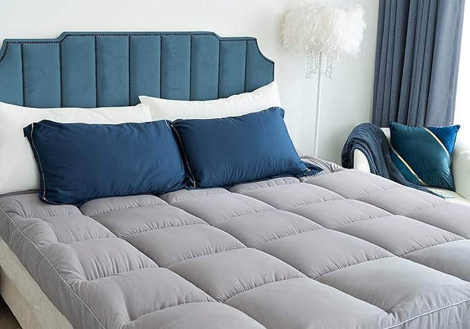 Cooling Mattress Pad Extra Thick Bed Topper Plush Pillow Top Hotel Quality Down Alternative Mattress Topper for Queen Bed, Queen Size, Grey