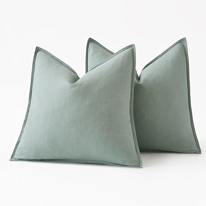 MIULEE Decorative Linen Euro Sham Pillow Covers 22x22 Inch Aqua Green Boho Farmhouse Neutral Couch Throw Pillows for Bed Pack of 2 Accent Modern Pillowcase Summer Sofa Livingroom Home Decor
