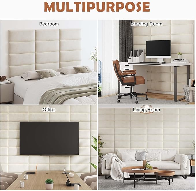 IFNOW Wall Mounted Upholstered Headboard Queen, 3D Peel and Stick Soundproof Panels, Reusable and Removable Padded Leather Bed Headboard, 9 Panels 9.84" x 23.62", Ivory White