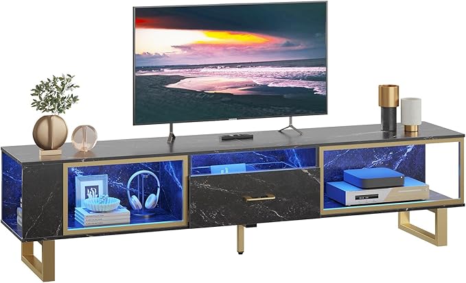 Bestier 80 Inch TV Stand for 65/75/85/90 Inch TVs, LED Gaming Entertainment Center for PS5 with Open Storage and Drawer, Modern High Gloss Media Console for Living Room Bedroom, Black Marble