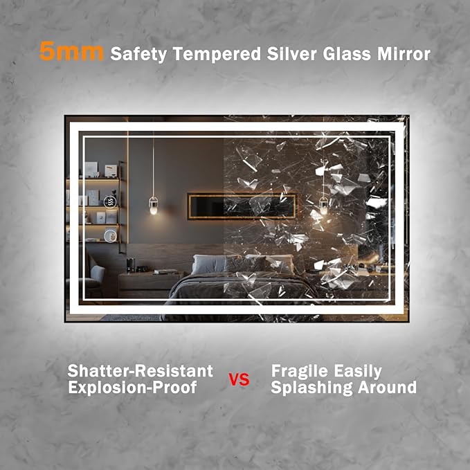 30" x 18" LED Bathroom Mirror with Lights Framed LED Mirror for Bathroom Backlit and Front Lighted Bathroom Mirror Black Square Aluminum Frame Anti-Fog Dimmable Vanity Shatter-Proof