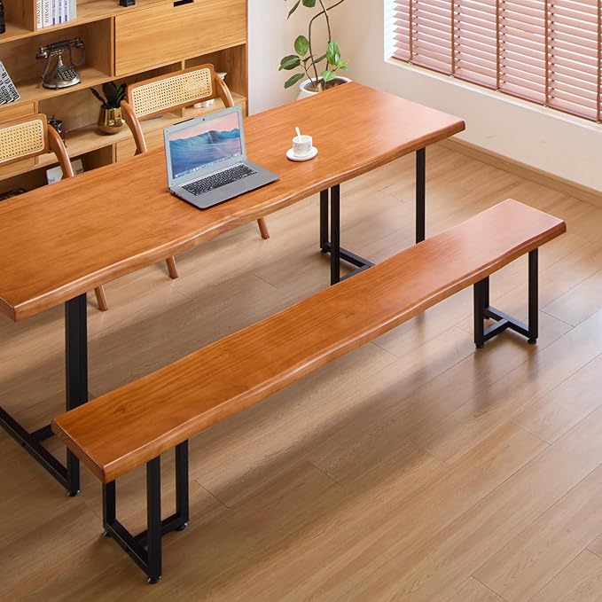 Durable Solid Wood Top Bench with Metal Triangular Legs – Stylish Long Dining Bench for Home, Office, Restaurant & Patio (Wooden Brown Bench, 78.74in)