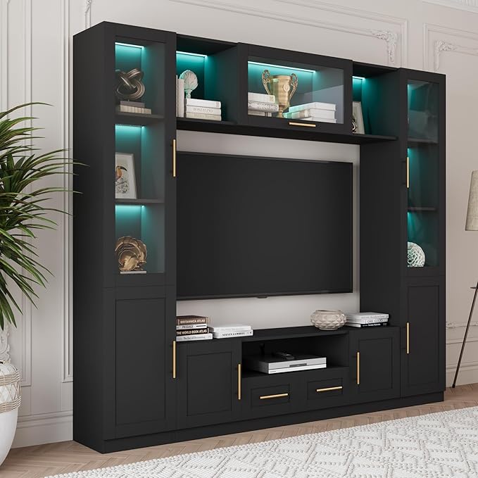 94" Wall Unit Entertainment Center for TVs up to 70", Modern TV Console with LED Lights, Multifunctional TV Stand with Tempered Glass Door, Drawers & Shelves for Living Room, Black