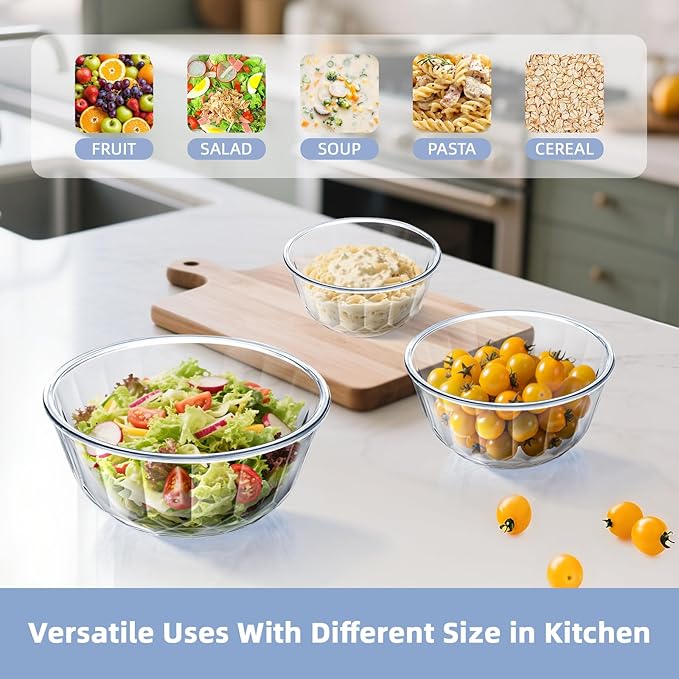 WhiteRhino Glass Mixing Bowls with Lids Set of 5(4.70QT,2.85QT, 1.69QT,1.11QT,0.85QT,Glass Bowls with Lids,Large Salad Bowls Space-Saving Nesting for Cooking,Baking,Prepping,Dishwasher Safe