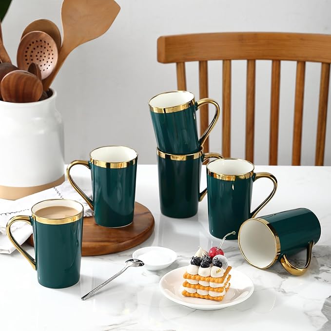 Coffee Mugs,12OZ Ceramic Coffee Mugs Set of 6,Cups with Large Handles for Men Women, Porcelain Big Mug for Tea Latte, Housewarming Wedding Gifts(green and gold)