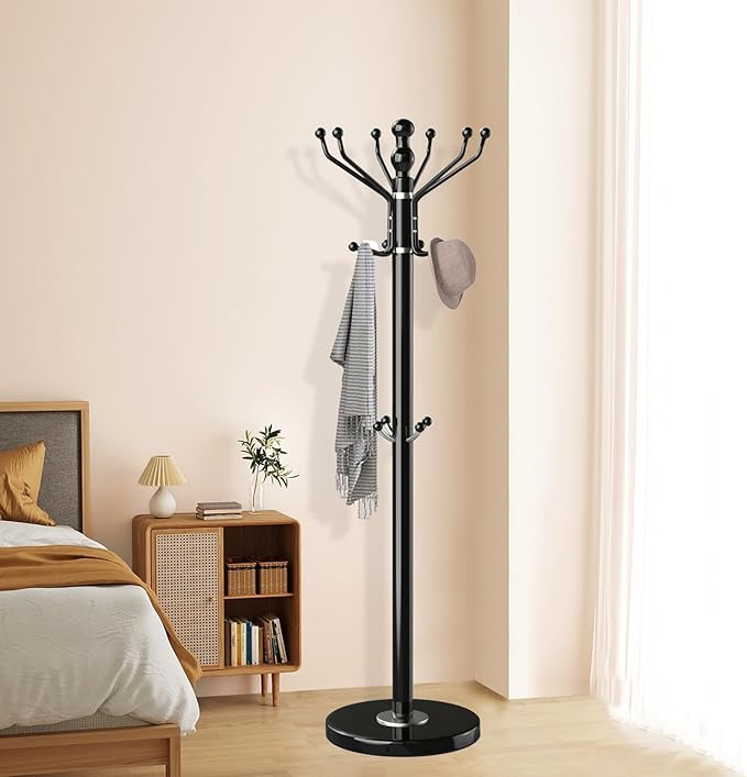 Modern Coat Rack with Natural Marble Base, Metal Freestanding Coat Racks with 16 Hooks, Sturdy Coat Rack Stand for Hanging Scarf, Bag, Jacket, Standing Coat Hall Tree Hanger Holder Stand
