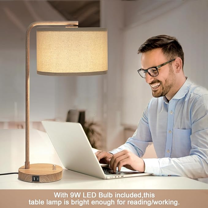 Farmhouse Table Lamp, Fully Dimmable Bedisde Nightstand Lamp with USB C+A Charging Ports, Modern Tall Table Lamp Desk Reading Lamp for Living Room, Bedroom, Office, 9W LED Bulb Included