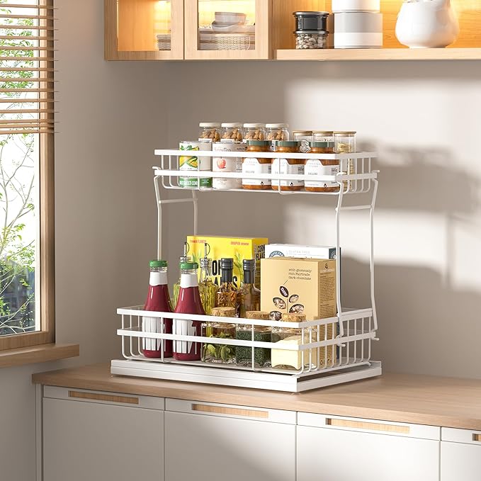 2 Pack Under Sink Organizers and Storage, 2 Tier Pull Out Cabinet Organizer, Metal Sliding Drawer Storage for Kitchen Bathroom, White