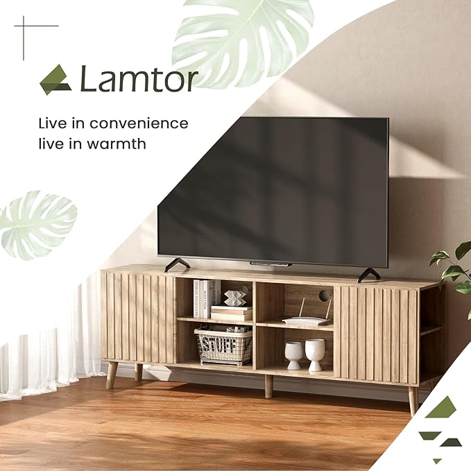 Mid-Century Modern TV-Stand - Fluted TV Stand for 80 75 65Inch TV, Entertainment Center with Storage, Media Console with Adjustable Shelves for Living Room, Oak