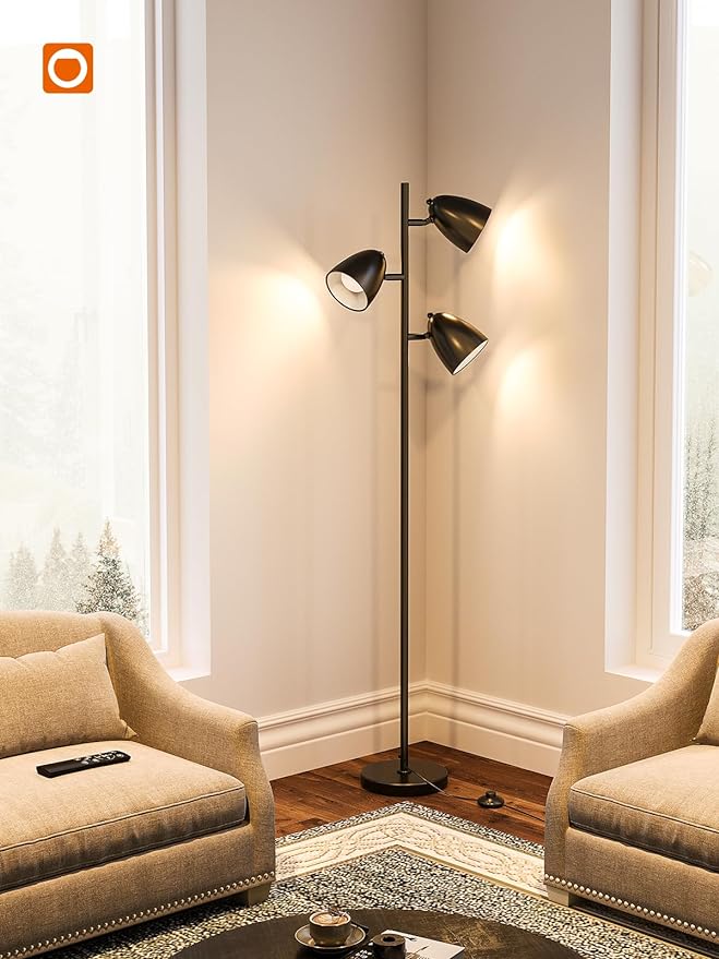 addlon Tree Floor Lamp with Remote, 3 Adjustable Rotating Light and Matching LED Bulbs, Standing Tall Pole Lamps for Living Room, Bedroom, Home, Office - Black