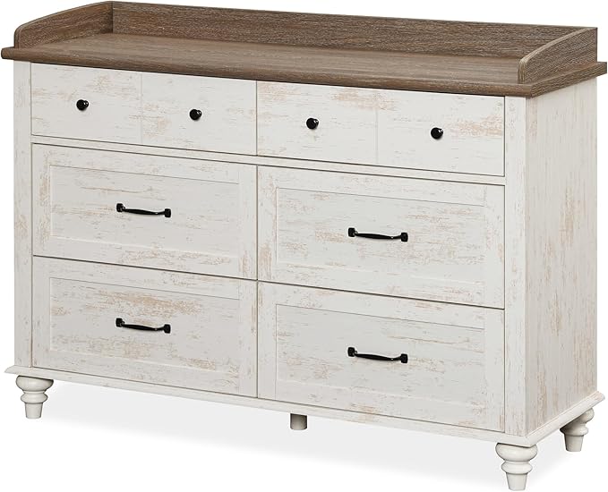 WAMPAT Kids Dresser for Bedroom with 6 Drawers, Rustic White Baby Dresser with Wide Chest of Drawers, Farmhouse Kids Closet Storage Organizer, Wood Dressers for Living Room, Nursery, Hallway