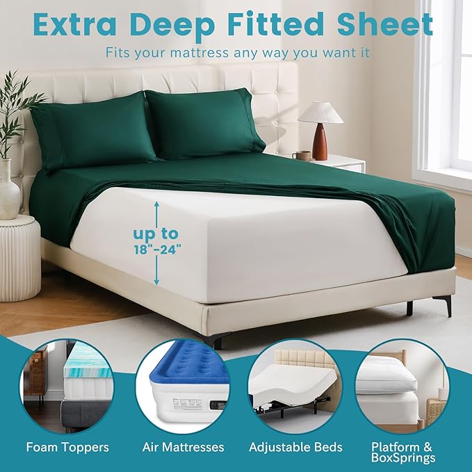 Bedlifes King Sheet Set, Extra Deep Pocket 18-24 Inches,1000Thread Count 100% Egyptian Cotton, Soft and Breathable Sateen 4-Piece,Dark Green
