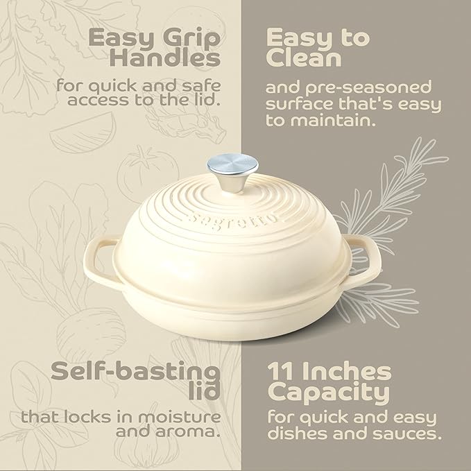 Enameled Cast Iron Bread Pan with Lid, 11” Bianco Perla (White) Bread Oven Cast Iron Sourdough Baking Pan, Dutch Oven for Bread - Segretto Cookware