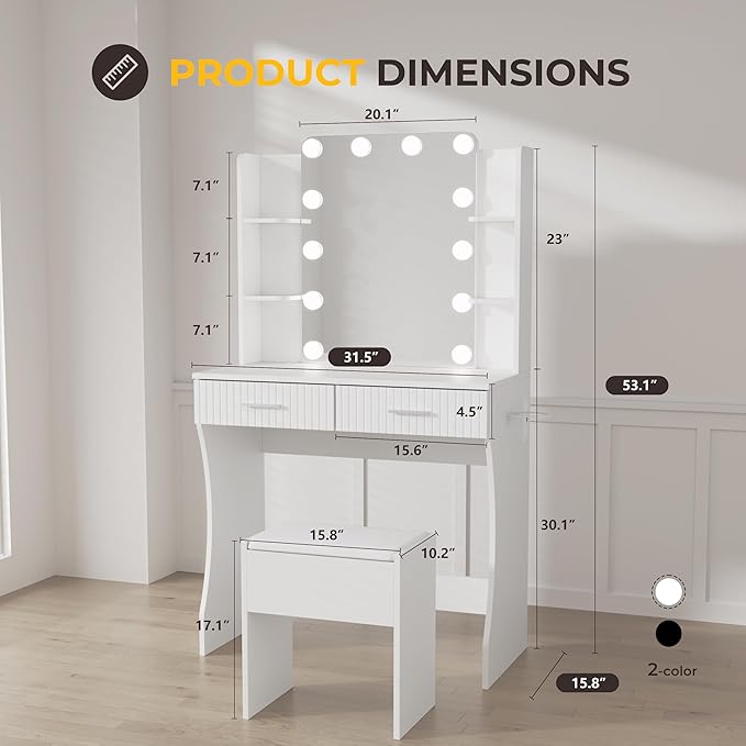 Vanity Desk with LED Lighted Mirror, Makeup Vanity with 3 Adjustable Lights, 2 Large Drawers and 4 Open Shelves, White Vanity with Storage Stool for Bedroom