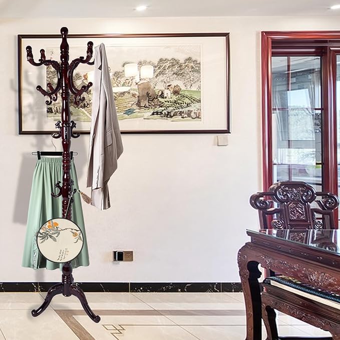 Coat Rack Freestanding, Wooden Tree Coat Rack Stand with 3 Adjustable Sizes Coat Tree and 14 Hooks, Sturdy Hall Tree with Solid Round Base for Entryway, Hallway,Bedroom (Reddish brown-Tri-Legged Base)