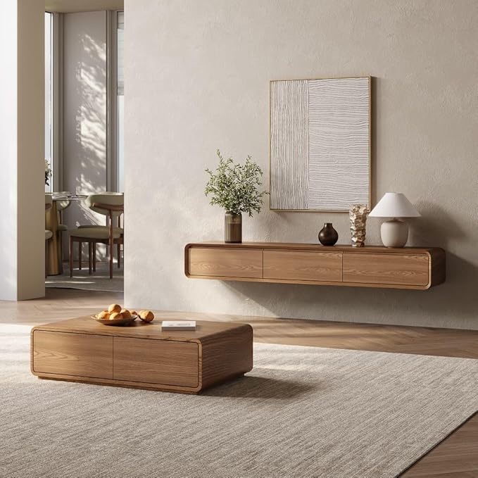 POVISON Fully-Assembled Minimalist Floating TV Stand, Modern Wall-Mounted Entertainment Center with 3 Flip-Down Cabinet Doors, Solid Wood Media Console, 70.87"