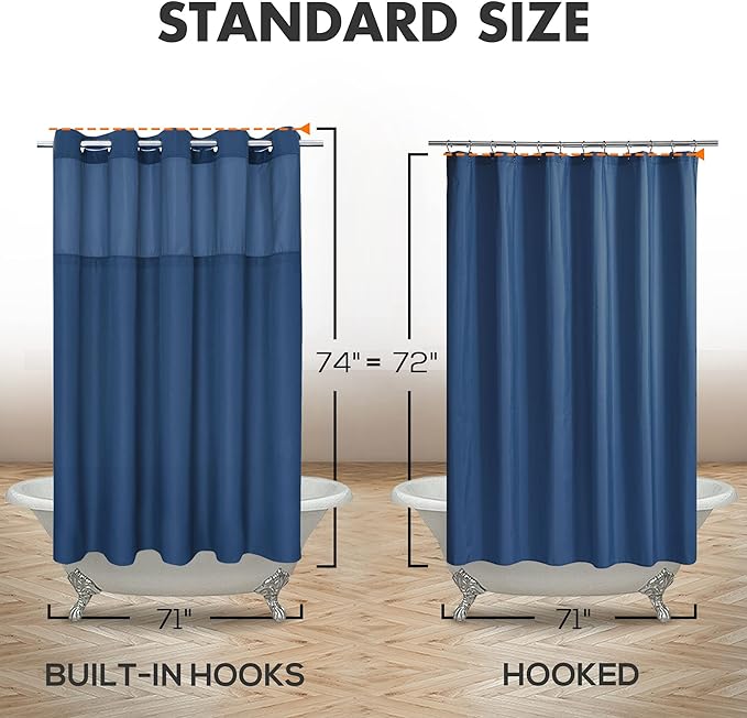 No Hook Slub Textured Shower Curtain with PEVA Liner Set - 71" x 74"(72"), Hotel Style with See Through Top Window, Machine Washable & Water Repellent Fabric, Navy Blue, 71x74