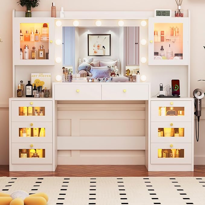 62" Large Makeup Vanity Desk with Mirror and Lights, Glass Top Vanity Table with Power Outlet & Lighted Glass Cabinet, 8 Drawers, Dressing Table with 3 Colors Lights for Bedroom Dressing Room, White