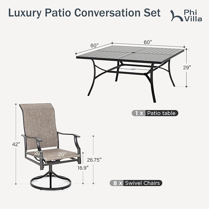 PHI VILLA 9 Pcs Patio Dining Set with Large Square Metal Dining Table & 8 High Back Padded Outdoor Swivel Dining Chairs, Outside Table Chair Furniture Dining Set for 8 Person
