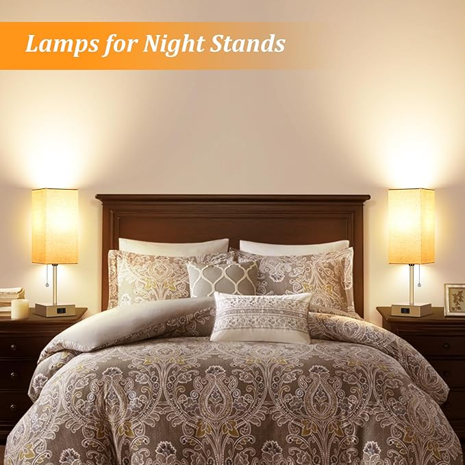 Table Lamp for Bedroom set of 2,3-Color Bedside Lamps with Pull Chain Table Lamps for Nightstand with AC Outlets,Small Night Light Lamps with 2 Bulbs Lamps for Living Room Kids Room Office Decor(Gold)