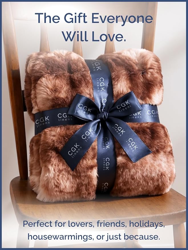 Fluffy Throw Blanket Twin Size - Faux Fur Throw for Couch or Bed - Plush Soft Extra Thick Faux Fur Rabbit Blanket - Comfy, Warm & Breathable - Luxury Minky Tie Dye Bedding - 60" x 80", Marble Brown