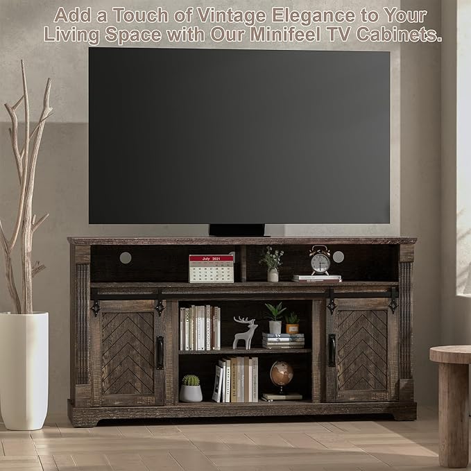 Farmhouse TV Stand for 65+ Inch TV, 31" Tall Entertainment Center with Adjustable Shelf, Rustic Media Console with Sliding Barn Door, Wood Television Stand for Living Room, Dark Rustic Oak