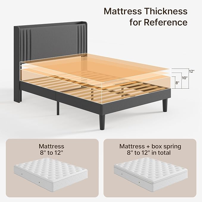 Gizoon Full Bed Frame with Charging Station and LED Lights,Upholstered Wingback Platform Bed with Wooden Slats,Noise-Free,No Box Spring Needed