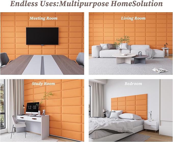 Upholstered Wall Mounted Headboard for Queen Bed, 9PCS Peel and Stick Tufted Panels, Interior Wall Decor Panels for Bedroom Headboards, 10"x24" Each, Orange