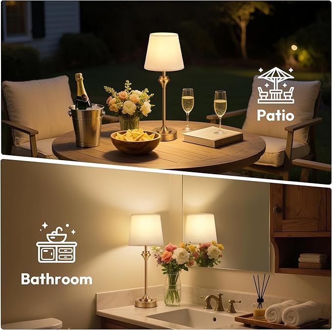 NIORSUN Portables Cordless Table Lamp Set of 2, Battery Operated Lamp, Bedside Table Lamp with Warm White,3 Way Dimmable Touch Desk Lamp for Bedroom Living Room Restaurant Whtie Shade (Gold)